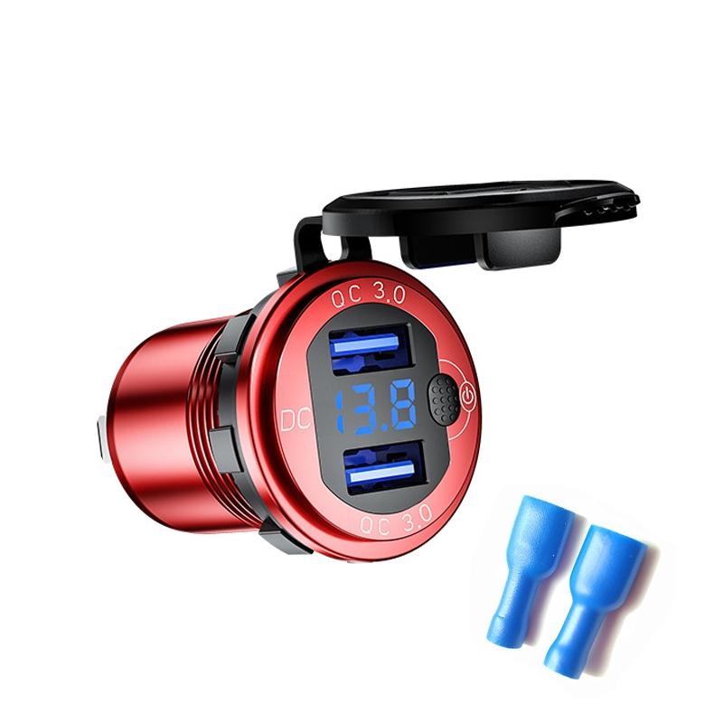 Aluminum Alloy Double QC3.0 Fast Charge With Button Switch Car USB Charger Waterproof Car Charger Specification: Red Shell Blue Light With Terminal  |  Car Charger Car Charger Car Charger