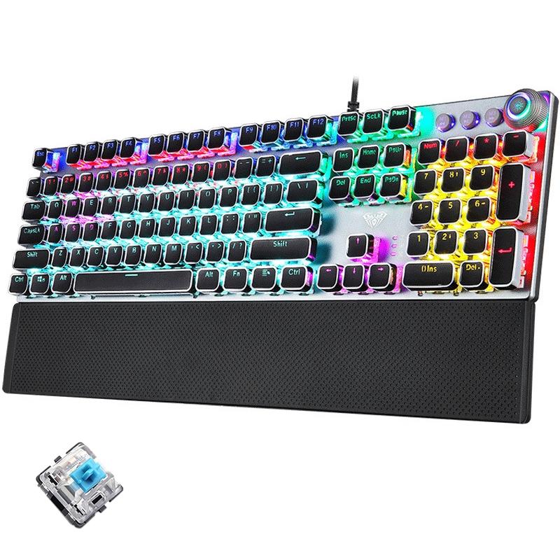 AULA F2088 108 Keys Mixed Light Plating Punk Mechanical Blue Switch Wired USB Gaming Keyboard with Metal Button (Silver) – Blue Switch Silver  |  Wired Keyboards Computer Accessories Wired Keyboards