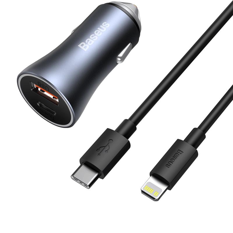 Baseus TZCCJD-B0G 40W USB + Type-C / USB-C Car Fast Charging Charger Set with 1m Type-C / USB-C to 8 Pin Cable (Black)  |  Car Charger Car Charger Car Charger