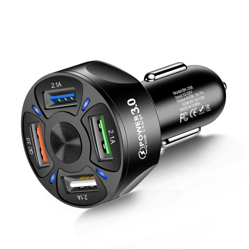 BK-358 3A QC3.0 4USB Car Charger One For Four Mobile Phone Car Charger (Black)  |  Car Charger Car Charger Car Charger