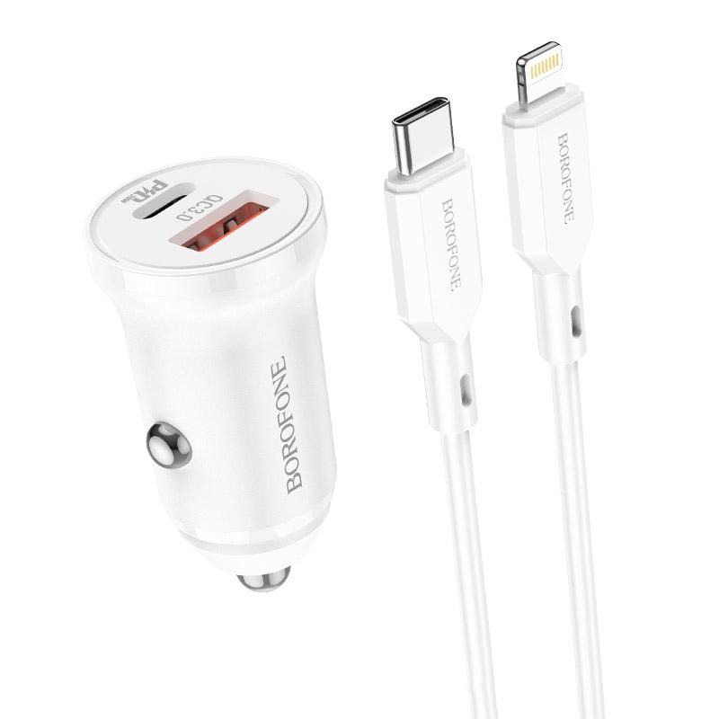 Borofone BZ18A PD20W+QC3.0 Car Charger with Type-C / USB-C to 8 Pin Charging Cable (White) – Charger with Type-C to 8 Pin Cable  |  Car Charger Car Charger Car Charger