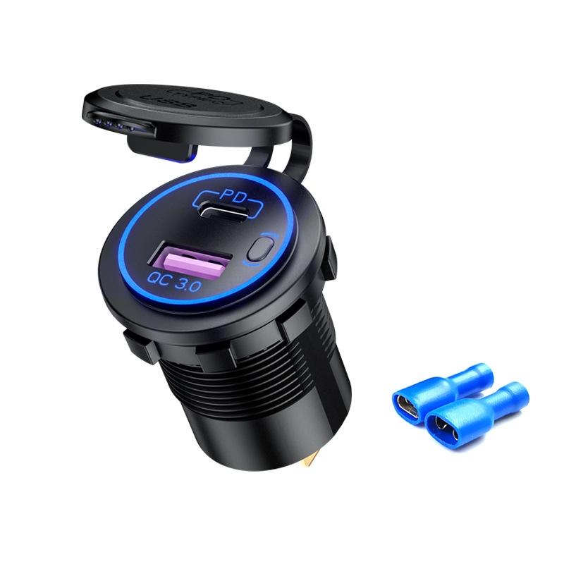 Car Motorcycle Ship Modified USB Charger Waterproof PD + QC3.0 Fast Charge, Model: Blue Light With Terminal  |  Car Charger Car Charger Car Charger