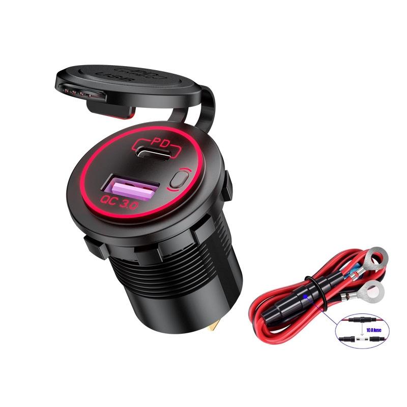 Car Motorcycle Ship Modified USB Charger Waterproof PD + QC3.0 Fast Charge, Model: Red Light With 60cm Line  |  Car Charger Car Charger Car Charger