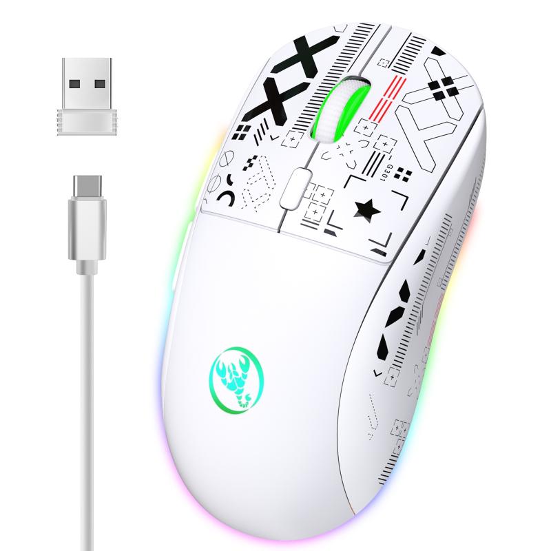 HXSJ T90 RGB Light Three-mode Wireless Gaming Mouse (White)  |  Wireless Mice Computer Accessories Wireless Mice