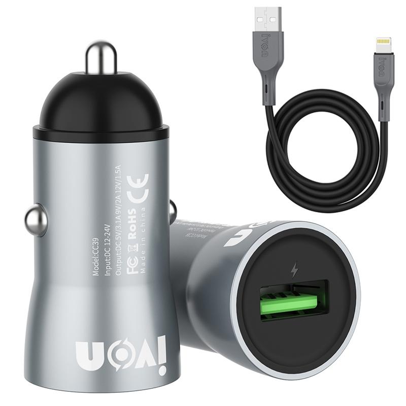 IVON CC39 18W 3.1A QC 3.0 USB Car Charger + 1m USB to 8 Pin Fast Charge Data Cable Set  |  Car Charger Car Charger Car Charger