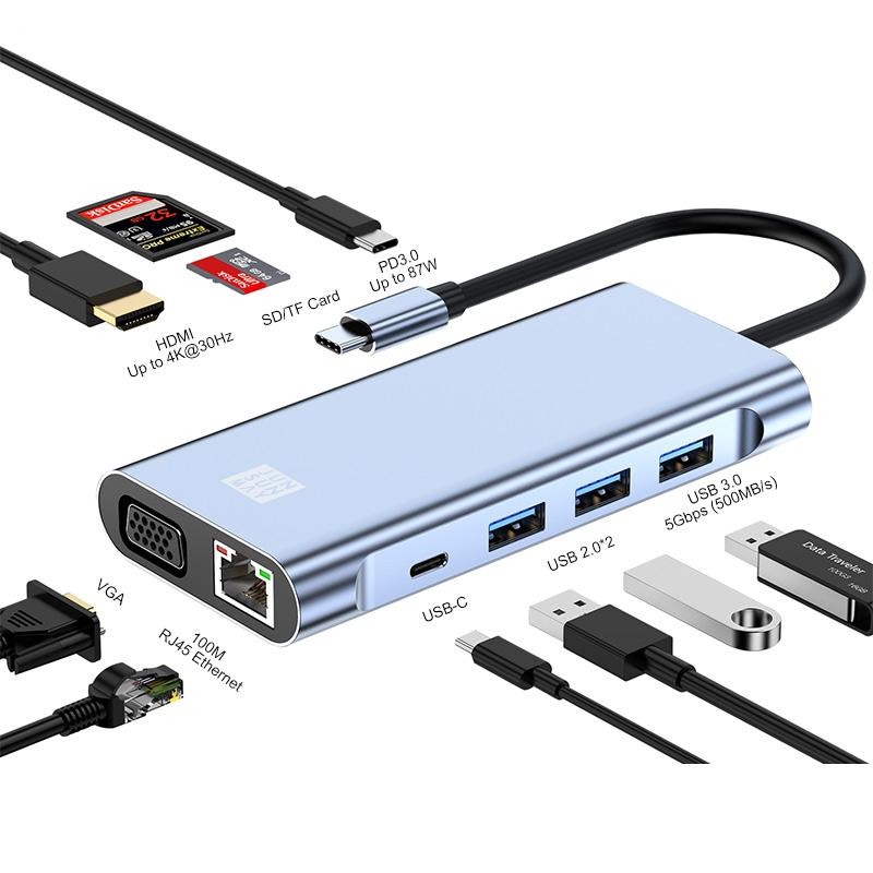 JUNSUNMAY 10 in 1 Type-C to 4K HDMI + VGA +RJ45 + 3.5mm Audio Docking Station Adapter PD Quick Charge Hub SD/TF Card Reader  |  USB Hubs Computer Accessories USB Hubs