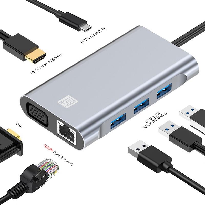 JUNSUNMAY 7 in 1 Type-C to 4K HDMI / VGA / 1000M Ethernet Docking Station Adapter USB C Hub  |  USB Hubs Computer Accessories USB Hubs