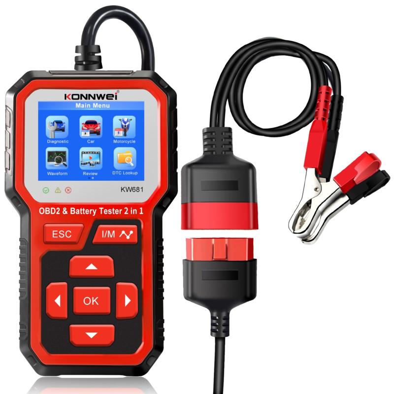 KONNWEI KW681 2 in 1 Car Motrocycle Battery Tester and OBDII Diagnostic Scanner Tool – Multicolor  |  Car Diagnostic Tools Car Diagnostic Tools Car Diagnostic Tools