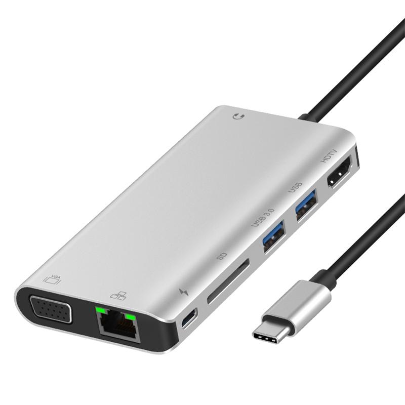 Onten 9591BD 8 in 1 USB-C / Type-C to PD USB-C / Type-C Charging + 100M Ethernet Port + Dual USB 3.0 + HDMI + VGA + SD Card Slot + 3.5mm AUX HUB (Silver) – 9591BD Silver 100M Ethernet Port  |  USB Hubs Computer Accessories USB Hubs