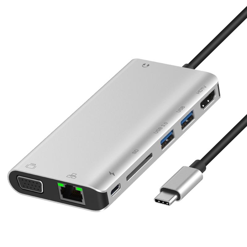 Onten 9591BD 8 in 1 USB-C / Type-C to PD USB-C / Type-C Charging + Gigabit Ethernet + Dual USB 3.0 + HDMI + VGA + SD Card Slot + 3.5mm AUX HUB (Silver) – 9591BD Silver  |  USB Hubs Computer Accessories USB Hubs