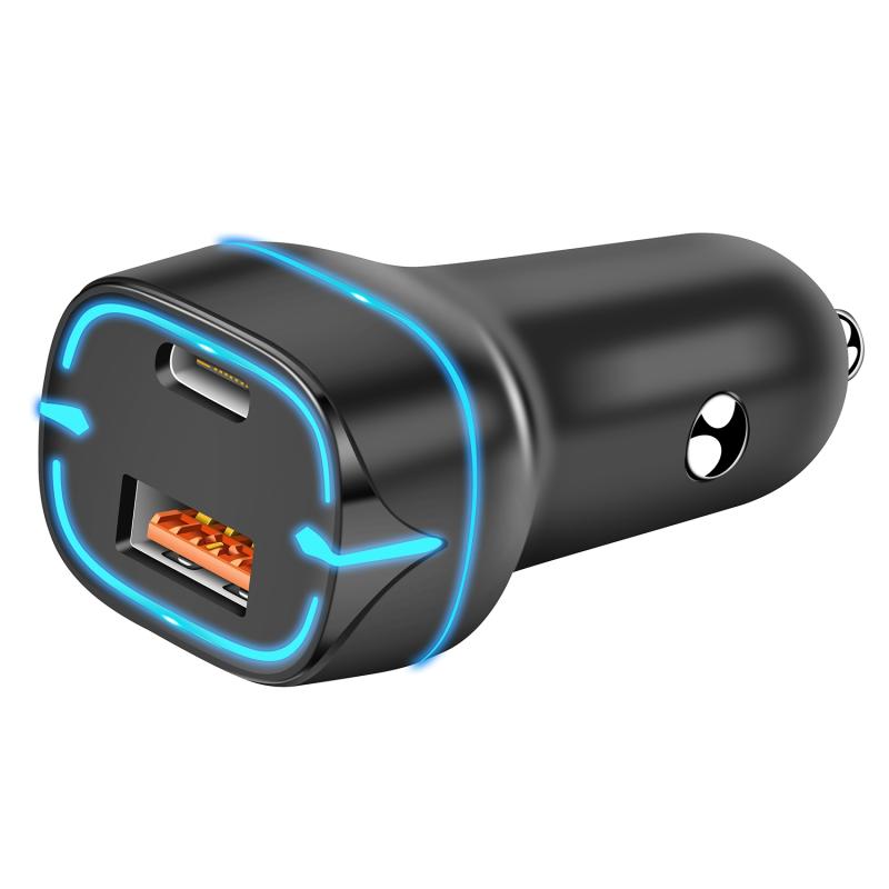 QC USB + USB-C / Type-C Dual Ports Fast Charging Car Charger with Luminous Aperture (Black)  |  Car Charger Car Charger Car Charger