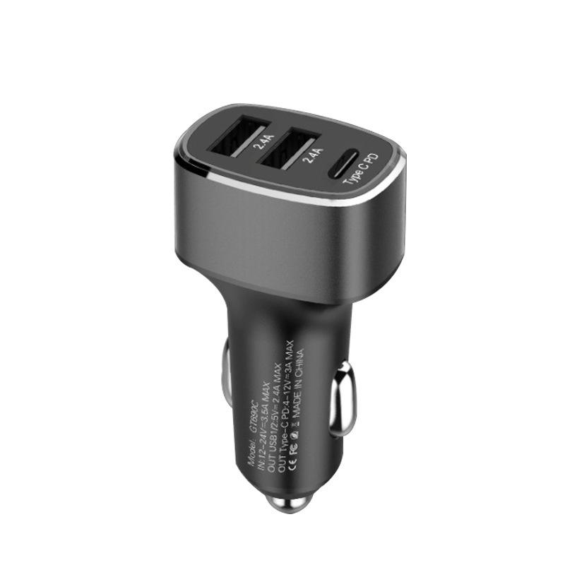 QIAKEY GT690C Dual USB + USB-C / Type-C Aluminum Alloy Three-Hole Car Charger (Gray)  |  Car Charger Car Charger Car Charger