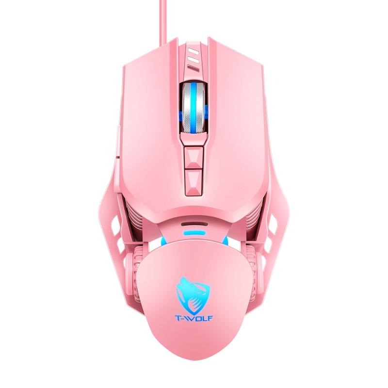 T-WOLF G530 USB Interface 7-Buttons 6400 DPI Wired Mouse Mechanical Gaming Macro Definition 4-Color Breathing Light Gaming Mouse, Cable Length: 1.5m (Pink)  |  Wired Mice Computer Accessories Wired Mice