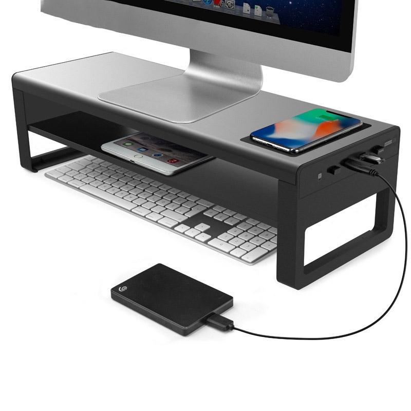 Vaydeer Metal Display Increase Rack Multifunctional USB Wireless Laptop Screen Stand, Style: L-Fast Charge Double Layer-Black (Fast Charger+3xUSB)  |  Laptop Stands Computer Accessories Laptop Stands