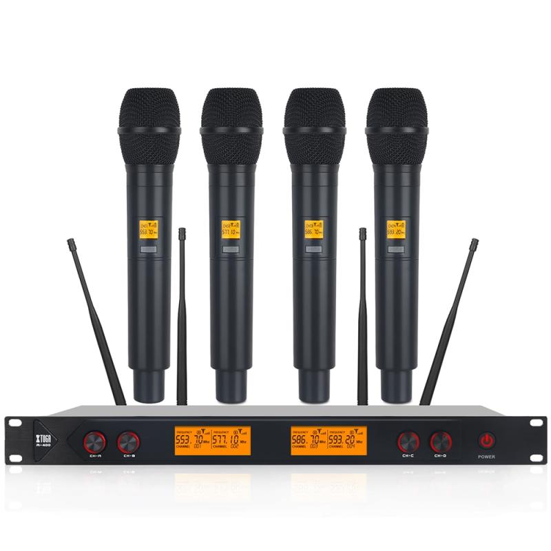 XTUGA A400-H Professional 4-Channel UHF Wireless Microphone System with 4 Handheld Microphone (EU Plug)  |  Microphones Computer Accessories Microphones