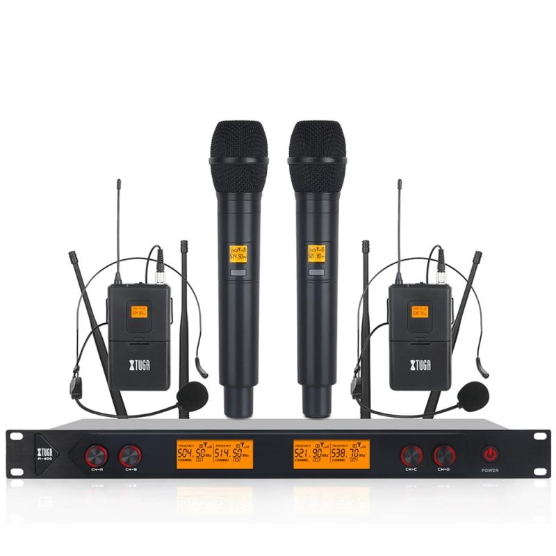 XTUGA A400-HB Professional 4-Channel UHF Wireless Microphone System with 2 Handheld & 2 Headset Microphone (UK Plug)  |  Microphones Computer Accessories Microphones