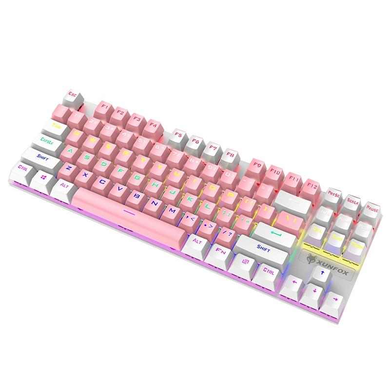 XUNFOX K80 87 Keys Wired Gaming Mechanical Illuminated Keyboard, Cable Length: 1.5m (Pink White)  |  Wired Keyboards Computer Accessories Wired Keyboards