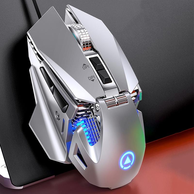 YINDIAO G10 7200DPI 7-modes Adjustable 7-keys RGB Light Wired Metal Mechanical Hard Core Macro Mouse, Style: Audio Version (Silver)  |  Wired Mice Computer Accessories Wired Mice