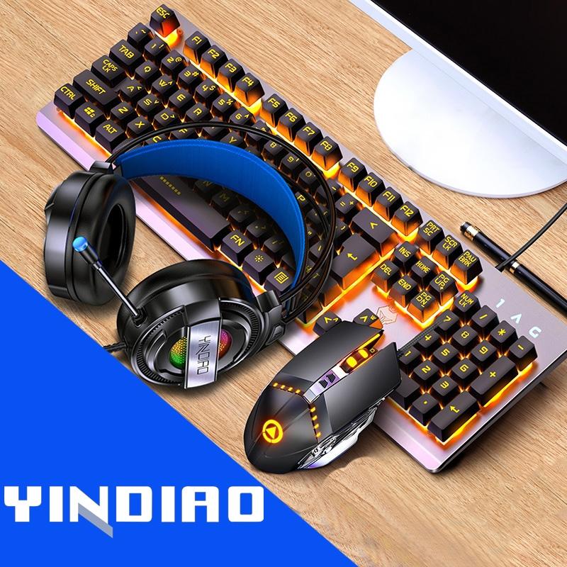 YINDIAO K002 USB Wired Mechanical Feel Orange Backlight Keyboard + Optical Mouse + Headset Set (Black) – Orange Backlight / Black  |  Wired Keyboards Computer Accessories Wired Keyboards