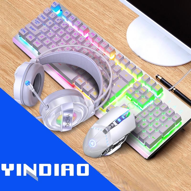 YINDIAO K002 USB Wired Mechanical Feel RGB Backlight Keyboard + Optical Mouse + Headset Set (White) – RGB Backlight / White  |  Wired Keyboards Computer Accessories Wired Keyboards