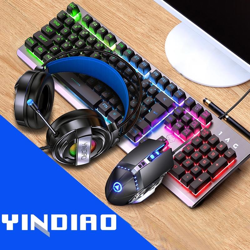 YINDIAO K002 USB Wired Mechanical Feel Sound Control RGB Backlight Keyboard + Optical Mouse + Headset Set (Black) – Sound Control Backlight / Black  |  Wired Keyboards Computer Accessories Wired Keyboards