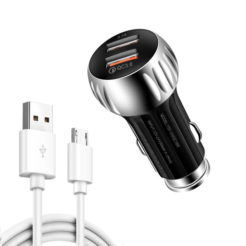 YSY-310QC18W QC3.0 Dual Port USB Car Charger + 3A USB to Micro USB Data Cable, Cable Length: 1m (Black)  |  Car Charger Car Charger Car Charger