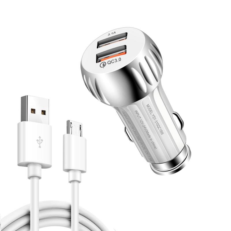 YSY-310QC18W QC3.0 Dual Port USB Car Charger + 3A USB to Micro USB Data Cable, Cable Length: 1m (White) – with Micro USB Cable  |  Car Charger Car Charger Car Charger