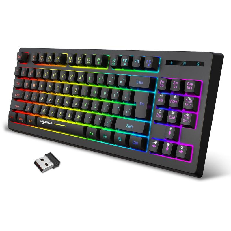 HXSJ L100 Ergonomic 87-Key 6 RGB Light Effects Wireless Membrane Keyboard with ABS Key Cap, Built-in 1800mAh Rechargeable Battery – Black  |  Mouse & Keyboard Computer Accessories Mouse & Keyboard