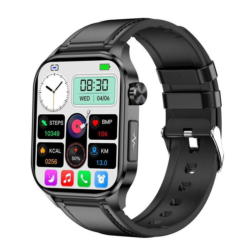 ET580 2.04 inch AMOLED Screen Sports Smart Watch Support Bluethooth Call / ECG Function (Black Leather Band)  |  Smart Watches Smart Watches Smart Watches