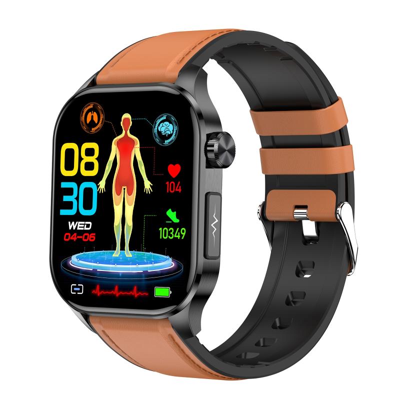 ET580 2.04 inch AMOLED Screen Sports Smart Watch Support Bluethooth Call / ECG Function (Brown Leather Band)  |  Smart Watches Smart Watches Smart Watches